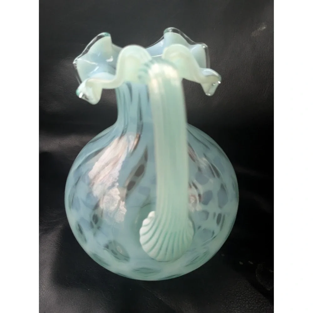 Fenton Art Glass Blue Topaz Opalescent Coin Dot Pitcher 6.5 Inch Ruffled Lip